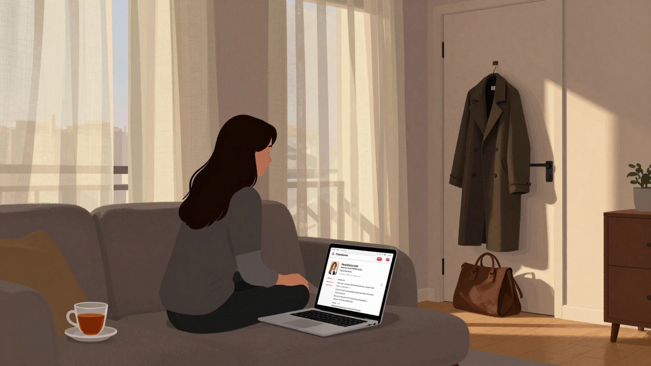 A woman sits calmly in a cozy Nantes apartment, tea beside her, a verified escort profile on her laptop.