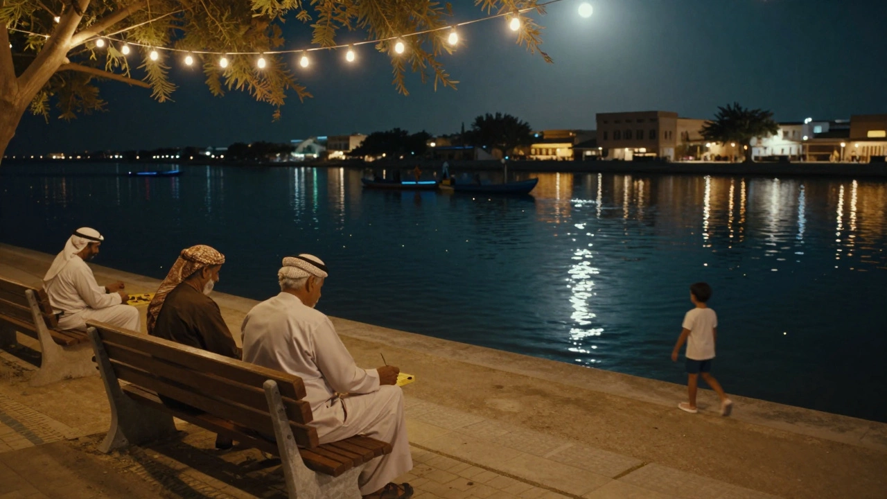 Quiet creekside scene at night with string lights, backgammon players, and children chasing fireflies.