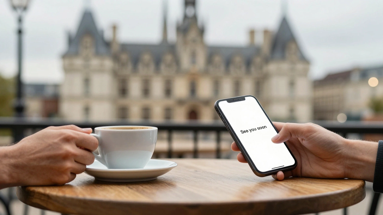 Two hands meet over a café table in Nantes, one holding a coffee cup, the other a phone with a simple message.